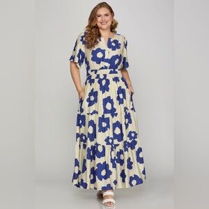 She + Sky Blue and Cream Floral Maxi Dress